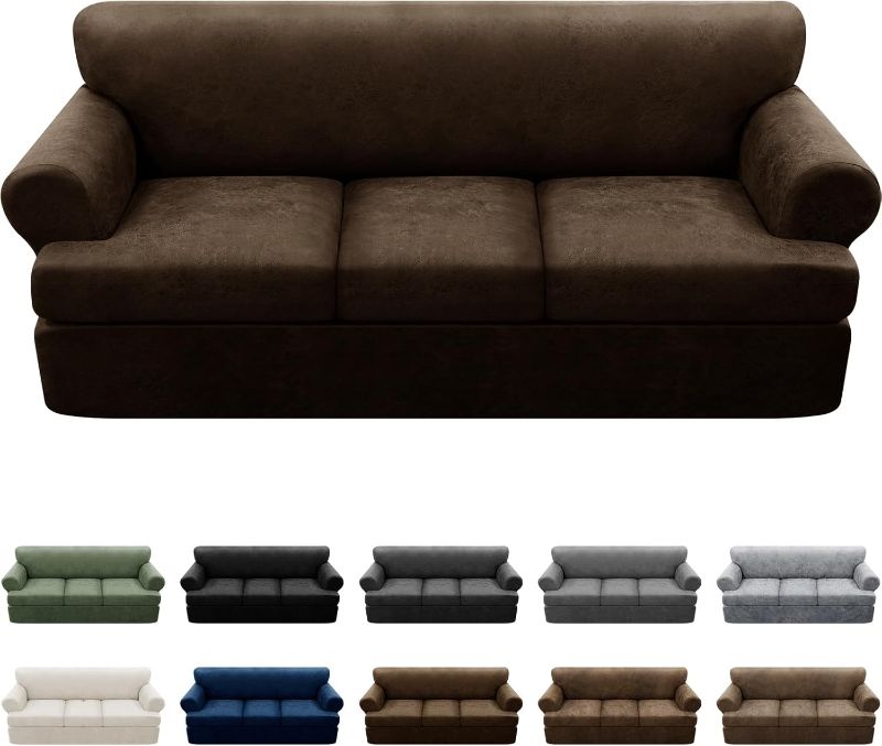 Photo 1 of 4-Piece T Couch Cover - Leather Look Slipcovers for 3 Cushion Sofa, Washable, Coffee