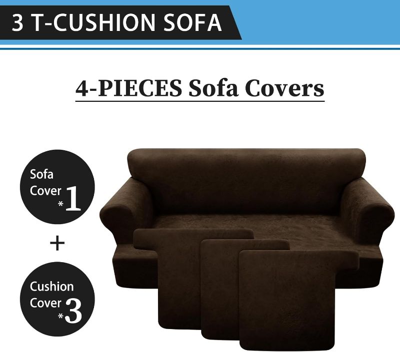 Photo 1 of 4-Piece T Couch Cover - Leather Look Slipcovers for 3 Cushion Sofa, Washable, Coffee