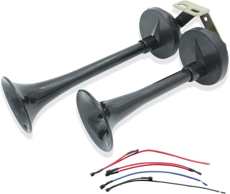 Photo 1 of 25dB Truck Dual Track Horn Assembly With Bracket 11 Inches 12V Waterproof Alternative Electronic Parts for Vehicles Trucks Lorrys Trains Boats Cars (BLACK)
