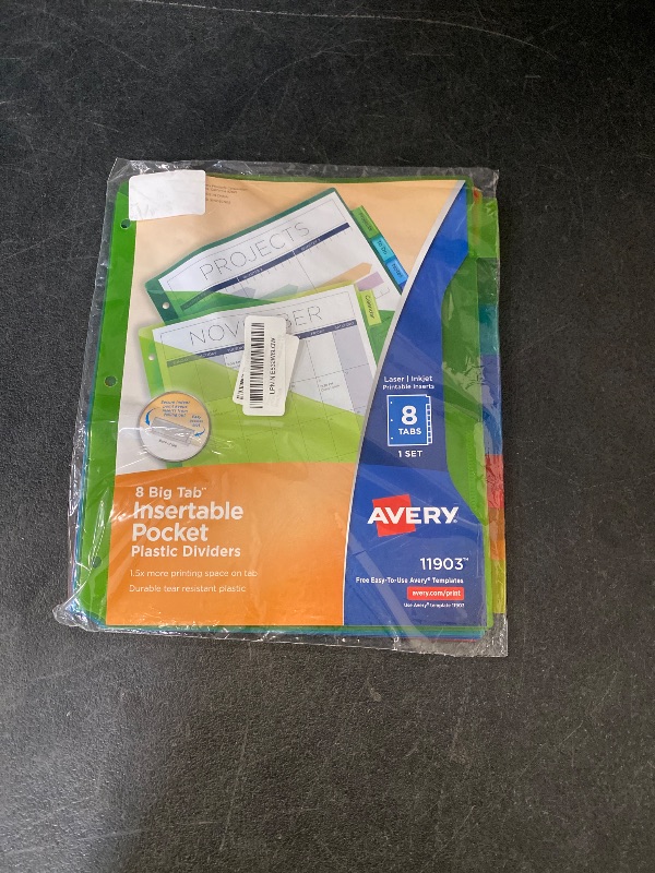 Photo 1 of Avery Dividers for 3 Ring Binders, 8-Tab Sets, Two-Pocket Plastic Binder Dividers with Tabs, Multicolor, 1 Set (11907)
