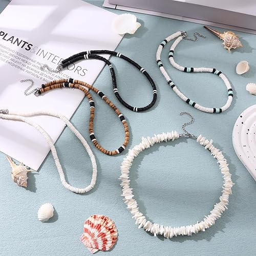 Photo 1 of FIRAZIO 5pcs Puka Shell Necklace - Summer Beach Surfer & Hawaiian Necklace for Men & Women - White Beach Jewelry