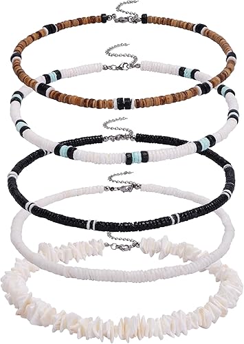 Photo 1 of FIRAZIO 5pcs Puka Shell Necklace - Summer Beach Surfer & Hawaiian Necklace for Men & Women - White Beach Jewelry