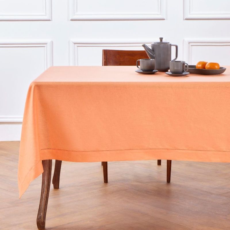 Photo 1 of Solino Home Linen Tablecloth for Rectangle Tables 60 x 108 Inch - Classic Hemstitch 100% Pure Linen Coral Table Cloth - Machine Washable Cloth Tablecloth for Summer