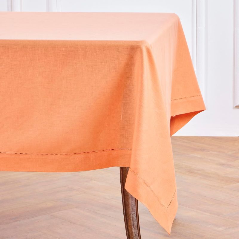 Photo 1 of Solino Home Linen Tablecloth for Rectangle Tables 60 x 108 Inch - Classic Hemstitch 100% Pure Linen Coral Table Cloth - Machine Washable Cloth Tablecloth for Summer