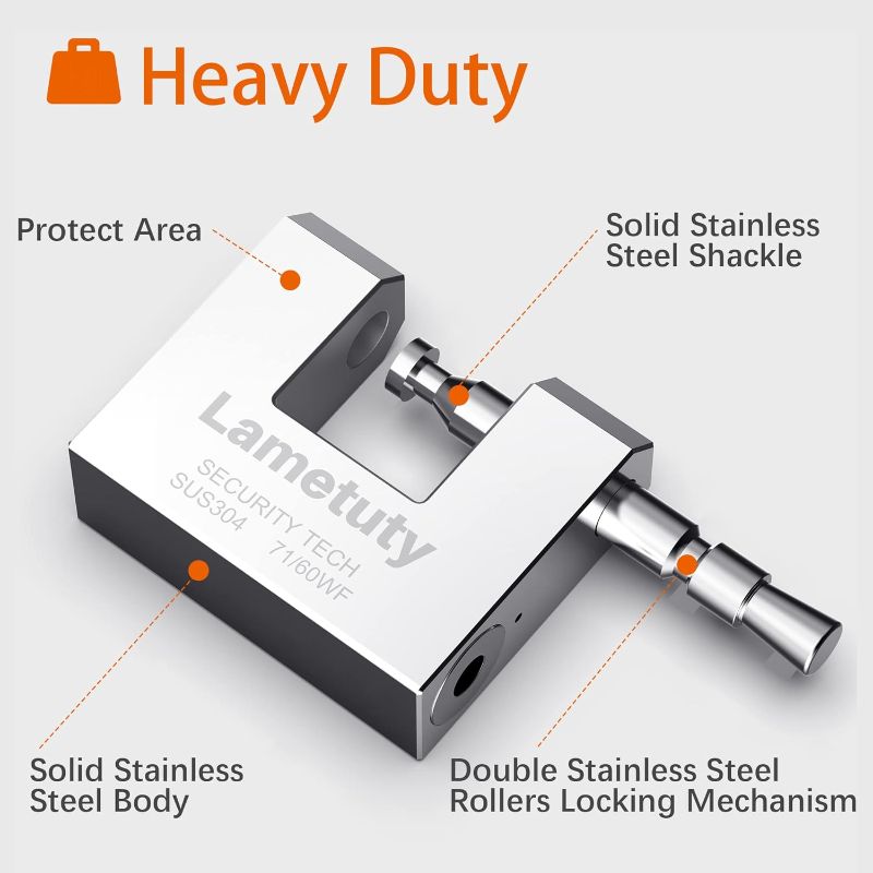Photo 1 of Solid Stainless Steel Keyed Padlock for Outdoor Use, 60mm Width Heavy Duty Weatherproof Security Padlock for Door, Gate, Garden, Garages, Warehouse, Tool Box (60mm - 3 Keys)