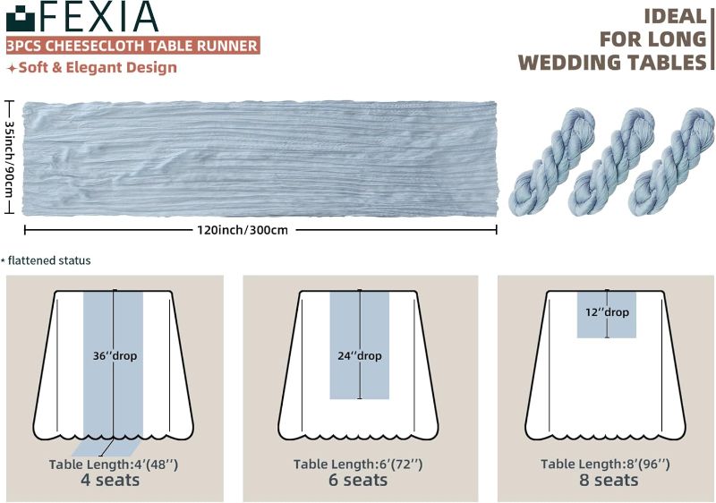 Photo 1 of EXIA 3 Pack Dusty Blue Table Runner 35x120 Inches for Baby Shower Decoration Gauze Rustic Table Runner for Wedding Party First Communion Centerpiece Engagement Bridal Shower Boho Decoration
