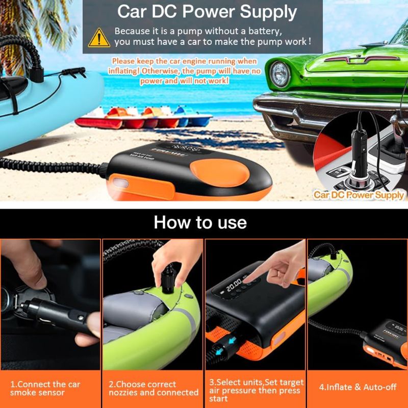 Photo 1 of 20PSI Paddle Board Pump-Portable Electric SUP Air Pump, Dual Stage Inflation & Deflation SUP Pump, 110W Paddleboard Pump with Auto-Off Function & 12V DC Car Connector for Paddle Board, Kayaks