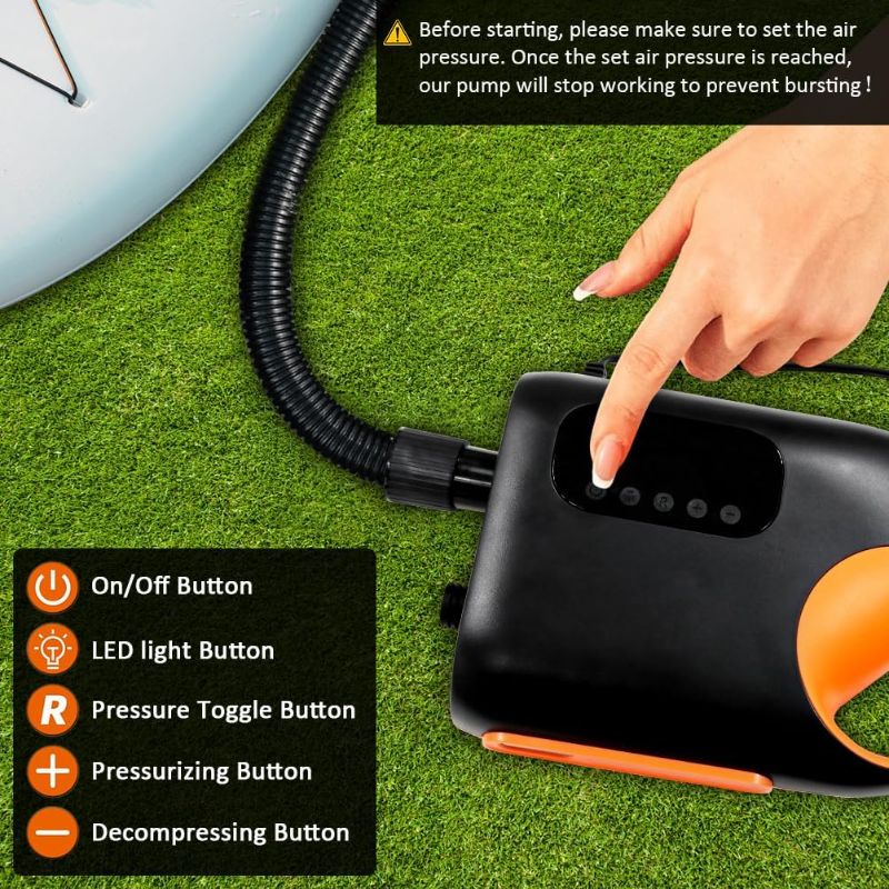 Photo 1 of 20PSI Paddle Board Pump-Portable Electric SUP Air Pump, Dual Stage Inflation & Deflation SUP Pump, 110W Paddleboard Pump with Auto-Off Function & 12V DC Car Connector for Paddle Board, Kayaks