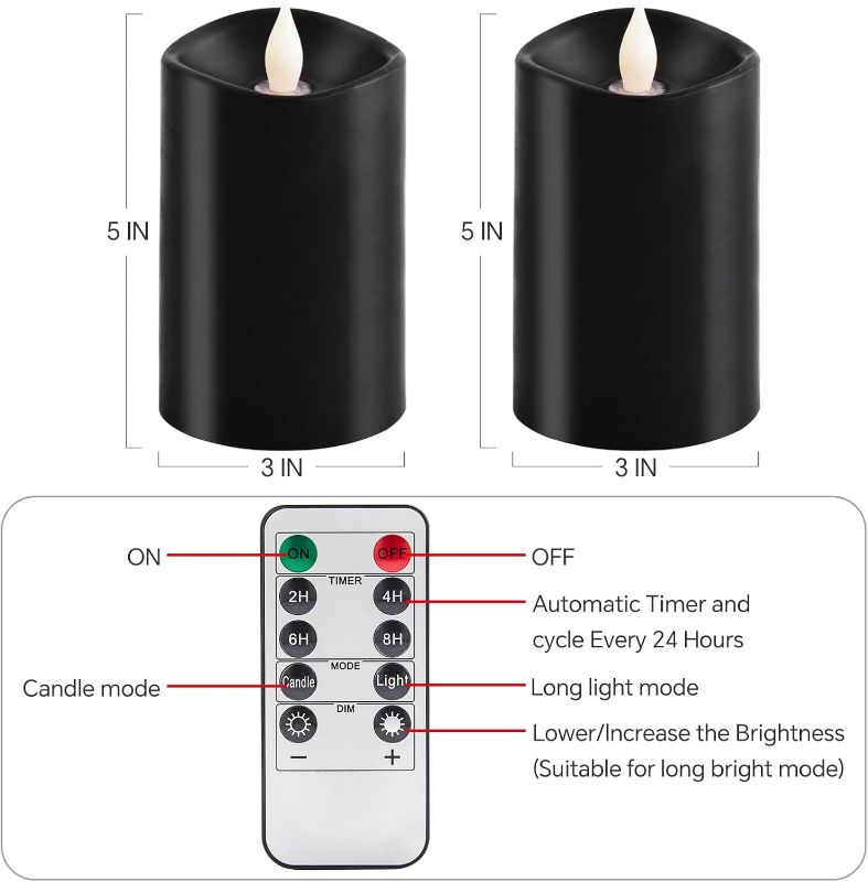 Photo 1 of 2PCS, 3 x 5 inches Flameless Candle with Remote Control, 3D Flickering Wick, Real Wax Pillar LED Candles, Battery Operated Candles,with Timer,for Holiday Home Decor, Black