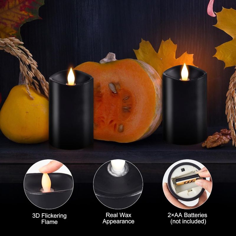 Photo 1 of 2PCS, 3 x 5 inches Flameless Candle with Remote Control, 3D Flickering Wick, Real Wax Pillar LED Candles, Battery Operated Candles,with Timer,for Holiday Home Decor, Black
