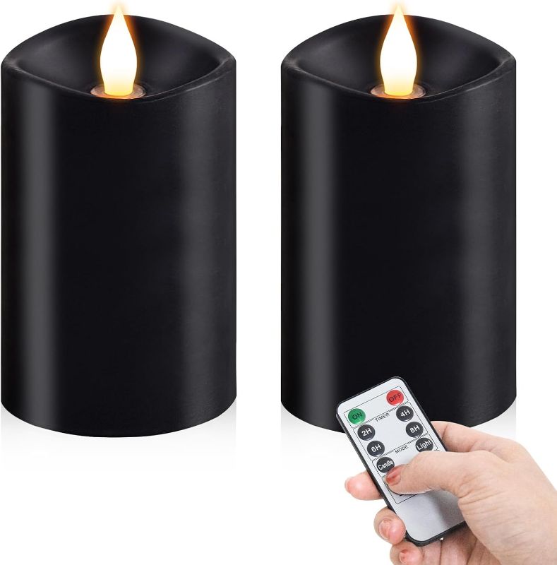 Photo 1 of 2PCS, 3 x 5 inches Flameless Candle with Remote Control, 3D Flickering Wick, Real Wax Pillar LED Candles, Battery Operated Candles,with Timer,for Holiday Home Decor, Black