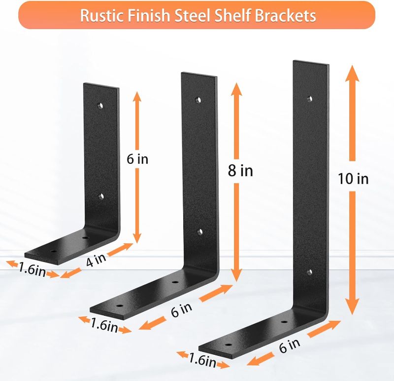 Photo 1 of Black Heavy Duty Shelf Brackets 6 Inch, Rustic Gold Iron L Shelf Bracket, Industrial Modern Metal Floating Shelf with Hardware for DIY Open Shelving, 4 Pack
