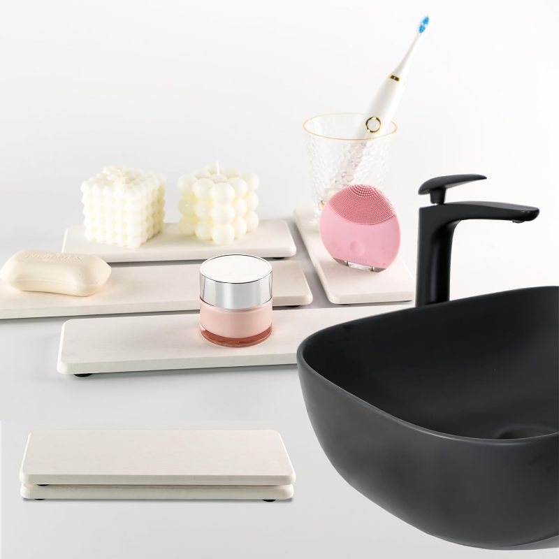 Photo 1 of 2 Pcs Water Absorbing Stone Trays, Kitchen/Bathroom Sink Soap Dish, Diatomite Tray Used for Hand Soap & Cosmetic Bottles in The Modern Home, 3.15" W x 8.7" L, White