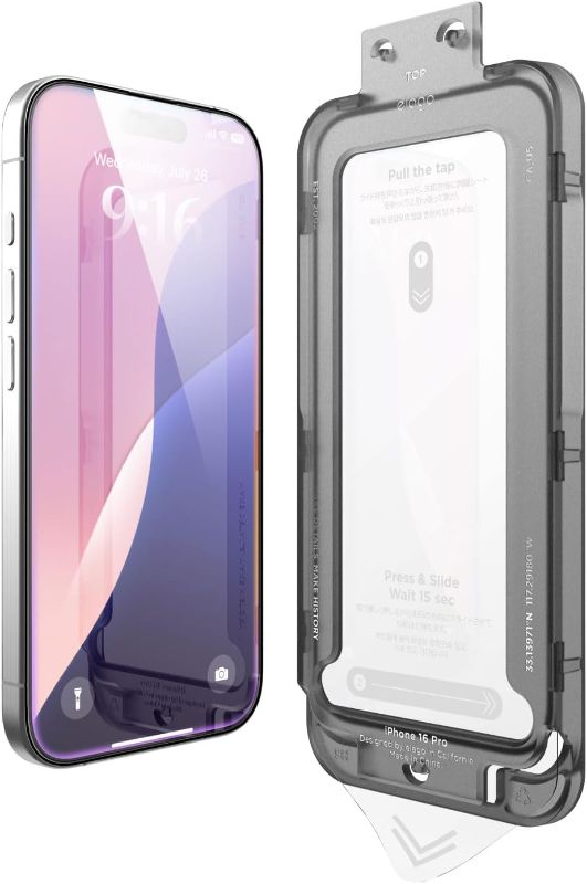 Photo 1 of elago Tempered Glass+ Screen Protector Compatible with iPhone 16 Pro - 9H Surface Hardness, Anti-Fingerprint, Shatter-Proof, Scratch Protection, Crystal Clear Clarity, Bubble-Free