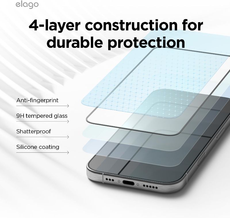 Photo 1 of elago Tempered Glass+ Screen Protector Compatible with iPhone 16 Pro - 9H Surface Hardness, Anti-Fingerprint, Shatter-Proof, Scratch Protection, Crystal Clear Clarity, Bubble-Free