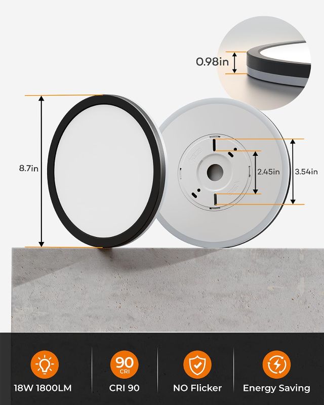Photo 1 of Matane 2Pack Dimmable Flush Mount Ceiling Light Fixture with Night Light, 18W 3000K 4000K 5000K, LED Low Profile Ceiling Lights for Bedroom Hallway Kitchen, 8.7inch Black Round