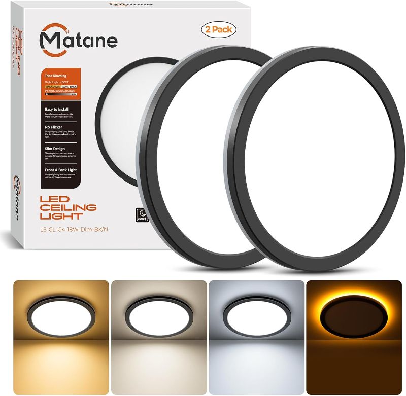 Photo 1 of Matane 2Pack Dimmable Flush Mount Ceiling Light Fixture with Night Light, 18W 3000K 4000K 5000K, LED Low Profile Ceiling Lights for Bedroom Hallway Kitchen, 8.7inch Black Round