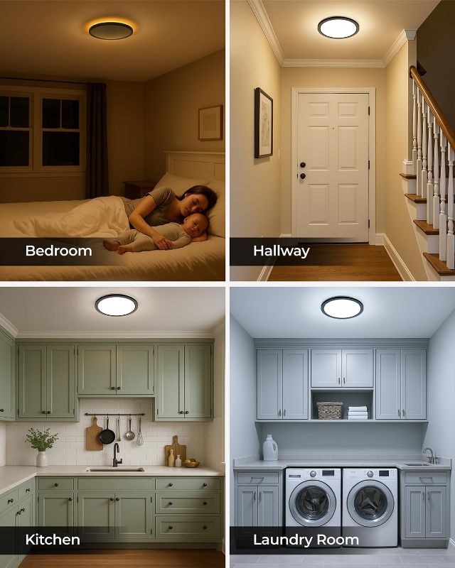Photo 1 of Matane 2Pack Dimmable Flush Mount Ceiling Light Fixture with Night Light, 18W 3000K 4000K 5000K, LED Low Profile Ceiling Lights for Bedroom Hallway Kitchen, 8.7inch Black Round