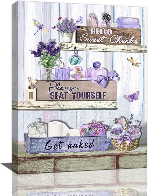 Photo 1 of Lavender Bathroom Wall Art Purple Bathroom Pictures for Wall Rustic Farmhouse Dragonfly Butterfly Canvas Painting Country Bathroom Framed Artwork for Bathroom Laundry Decor 12"x16"