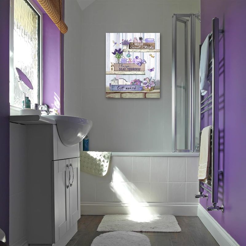 Photo 1 of Lavender Bathroom Wall Art Purple Bathroom Pictures for Wall Rustic Farmhouse Dragonfly Butterfly Canvas Painting Country Bathroom Framed Artwork for Bathroom Laundry Decor 12"x16"