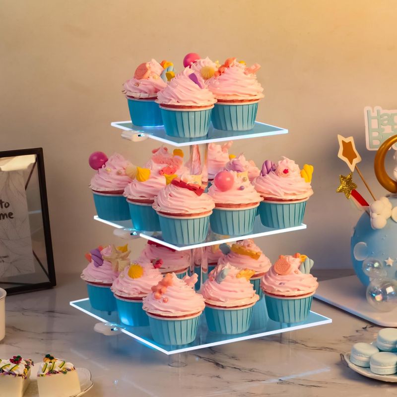 Photo 1 of Cupcake Stand - 3 Tier Cupcake Tower with Rechargeable Light- Acrylic Cupcake Holder for 24 Cupcakes-7 Color Cupcake Display Stand- Clear Dessert Display Stand for Party