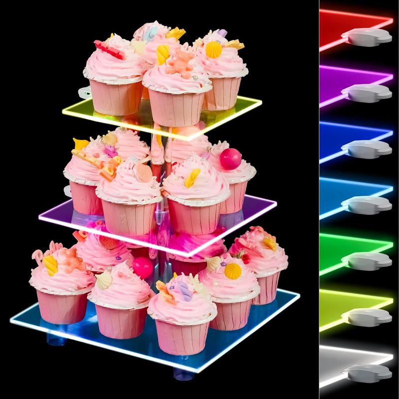Photo 1 of Cupcake Stand - 3 Tier Cupcake Tower with Rechargeable Light- Acrylic Cupcake Holder for 24 Cupcakes-7 Color Cupcake Display Stand- Clear Dessert Display Stand for Party
