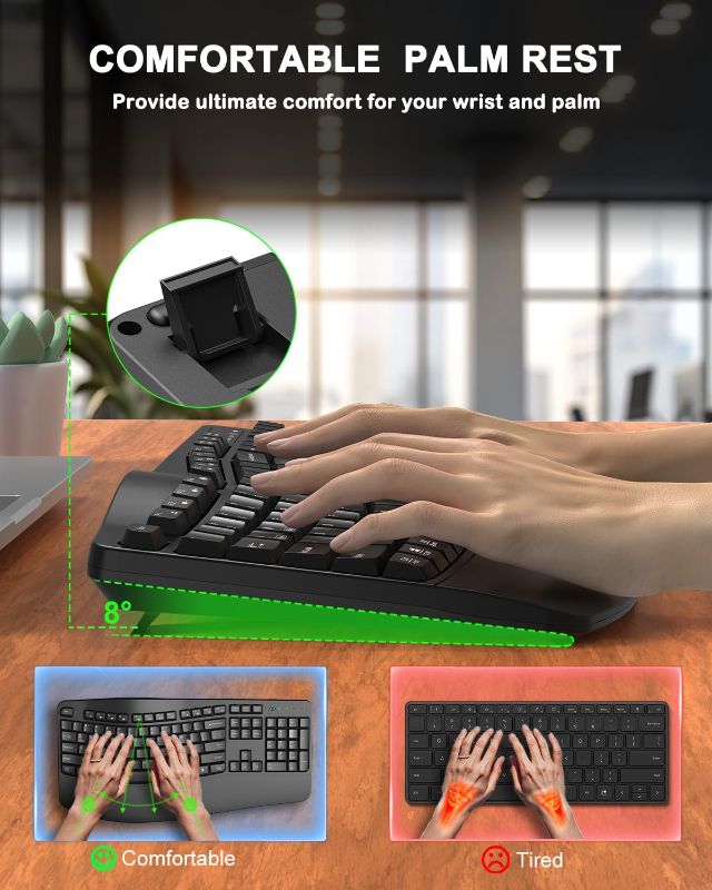Photo 1 of Ergonomic Wireless Keyboard with Wrist Rest, Wave Keys, Comfortable Natural Typing, 2.4GHz Full Size Ergo Wireless Computer Keyboard for Multi-OS, Windows, Mac OS Laptop/PC/Notebook (Black)