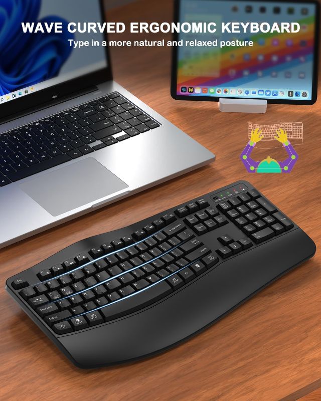 Photo 1 of Ergonomic Wireless Keyboard with Wrist Rest, Wave Keys, Comfortable Natural Typing, 2.4GHz Full Size Ergo Wireless Computer Keyboard for Multi-OS, Windows, Mac OS Laptop/PC/Notebook (Black)