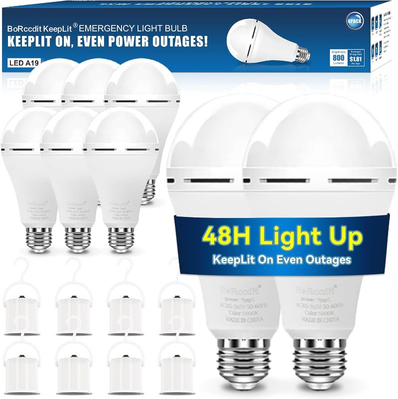 Photo 1 of KeepLit 8PK Emergency Rechargeable Light Bulbs, 48H Battery Backup, 3 Brightness Levels, 12W 65W Equivalent A19 LED Bulbs Auto-On During Power Outage, for Hurricane, Emergency Use (Daylight)