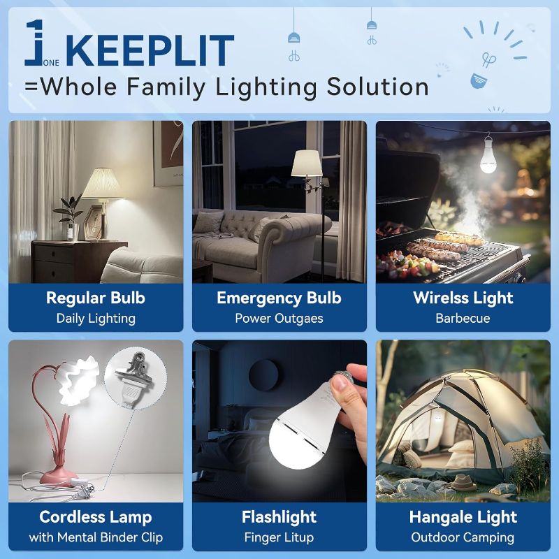 Photo 1 of KeepLit 8PK Emergency Rechargeable Light Bulbs, 48H Battery Backup, 3 Brightness Levels, 12W 65W Equivalent A19 LED Bulbs Auto-On During Power Outage, for Hurricane, Emergency Use (Daylight)