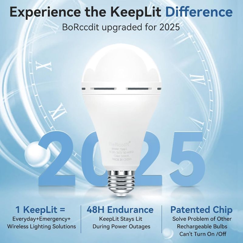 Photo 1 of KeepLit 8PK Emergency Rechargeable Light Bulbs, 48H Battery Backup, 3 Brightness Levels, 12W 65W Equivalent A19 LED Bulbs Auto-On During Power Outage, for Hurricane, Emergency Use (Daylight)