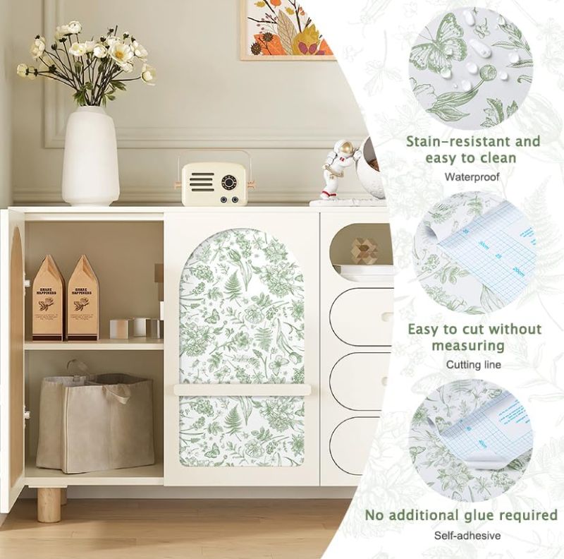 Photo 1 of Peel and Stick Wallpaper Floral White Green Flower Contact Paper Butterfly Boho 78.7" x 17.3" Removable Wallpaper Self-Adhesive for Bedroom Waterproof Shelf Liner Decal Vinyl Roll