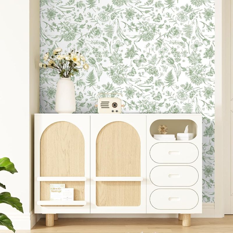 Photo 1 of Peel and Stick Wallpaper Floral White Green Flower Contact Paper Butterfly Boho 78.7" x 17.3" Removable Wallpaper Self-Adhesive for Bedroom Waterproof Shelf Liner Decal Vinyl Roll