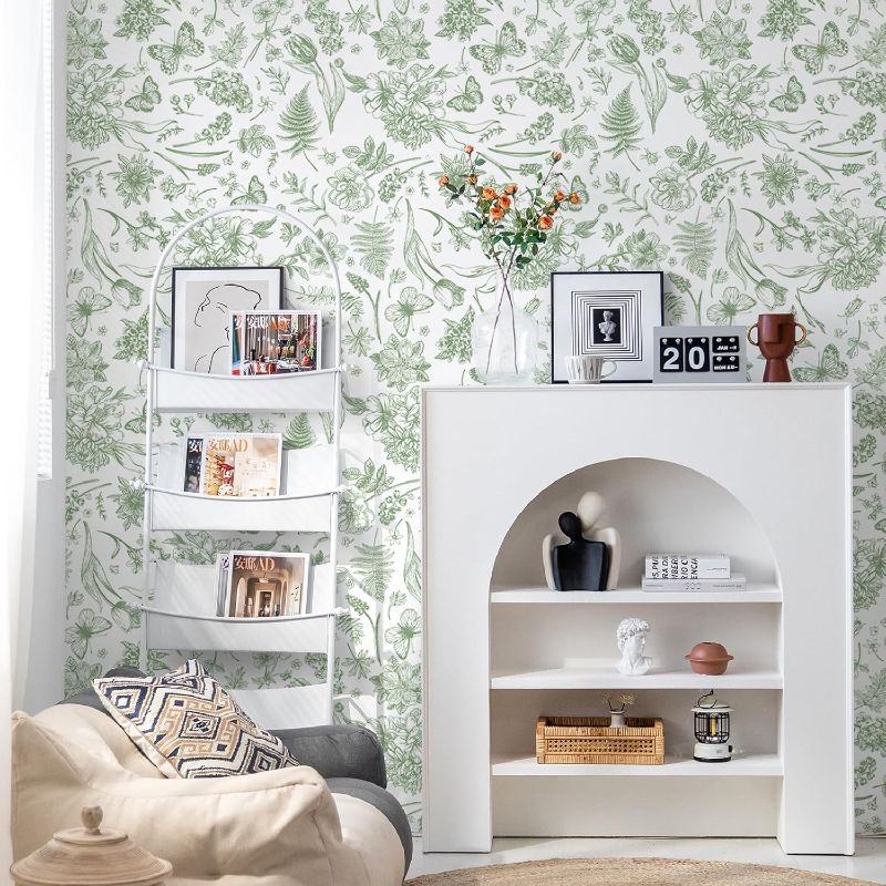 Photo 1 of Peel and Stick Wallpaper Floral White Green Flower Contact Paper Butterfly Boho 78.7" x 17.3" Removable Wallpaper Self-Adhesive for Bedroom Waterproof Shelf Liner Decal Vinyl Roll