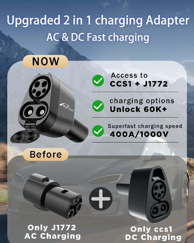 Photo 1 of 2 in 1 CCS & J1772 to Tesla Adapter, MAX [DC 250KW, 400A][AC 250V, 80A ], Fit for Tesla Model Y/3/Cybertruck/X/S, SuperFast CCS1 to Tesla Charging Adapter, for Level 3/2/1 Charging Stations