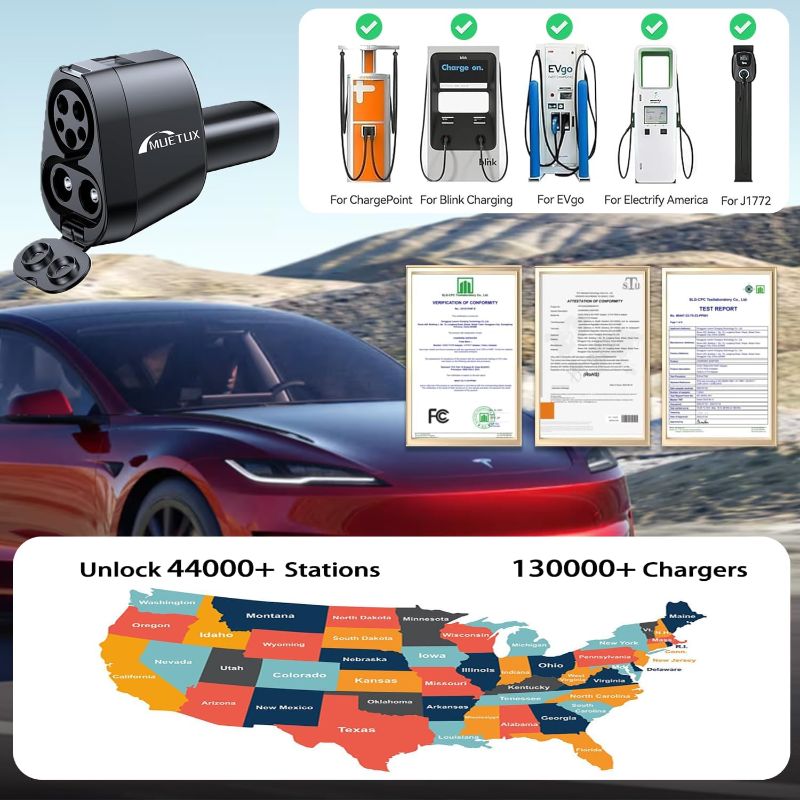 Photo 1 of 2 in 1 CCS & J1772 to Tesla Adapter, MAX [DC 250KW, 400A][AC 250V, 80A ], Fit for Tesla Model Y/3/Cybertruck/X/S, SuperFast CCS1 to Tesla Charging Adapter, for Level 3/2/1 Charging Stations