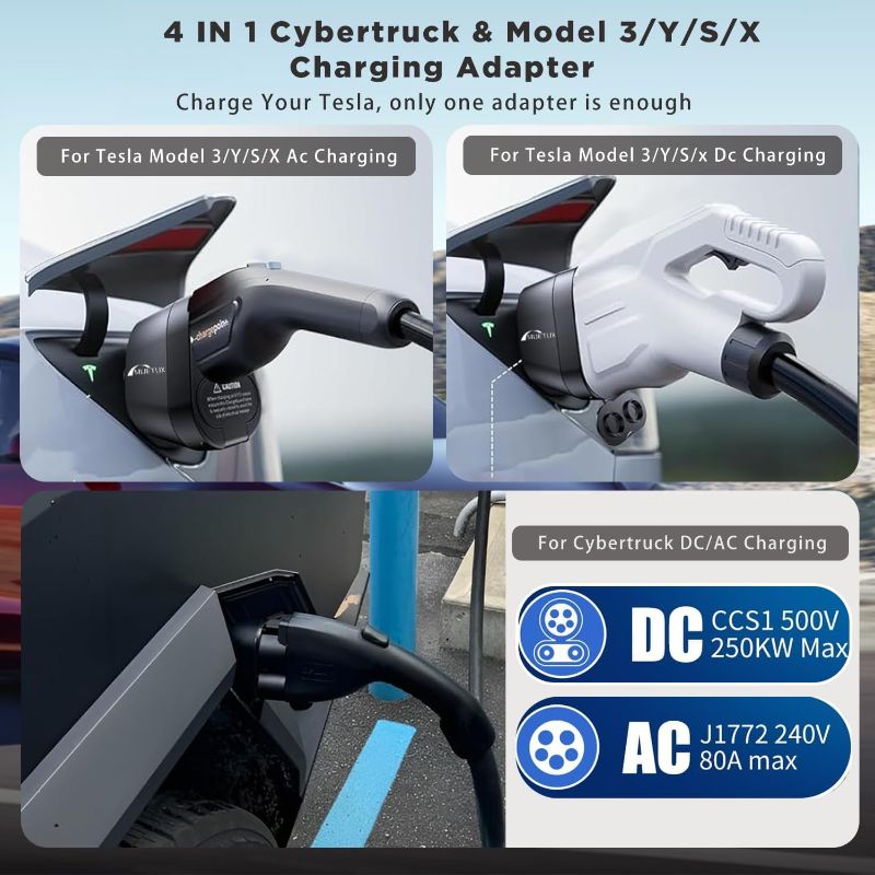 Photo 1 of 2 in 1 CCS & J1772 to Tesla Adapter, MAX [DC 250KW, 400A][AC 250V, 80A ], Fit for Tesla Model Y/3/Cybertruck/X/S, SuperFast CCS1 to Tesla Charging Adapter, for Level 3/2/1 Charging Stations