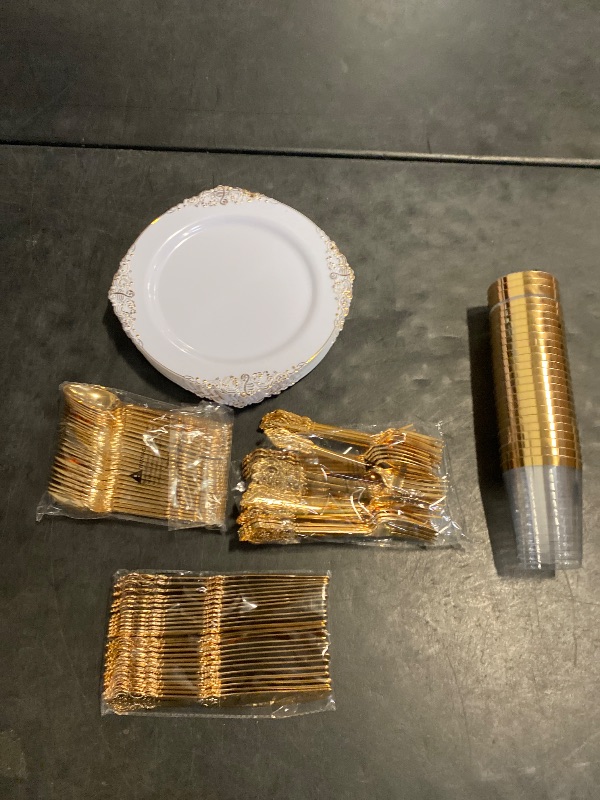 Photo 1 of Nervure 175PCS White and Gold Plastic Plates - Disposable Dinnerware Set Include 50 Gold Plates for Dinner and Dessert, 75 Cutlery, 25Cups 25Napkins for Wedding & Party & Independence Day