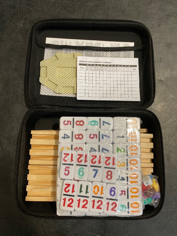 Photo 1 of Mexican Train Dominoes Set with Numbers and 4 Wooden Trays/Racks, Double 12 Dominos Travel Set with 4 Tiles Holders, 91 Tiles Double 12 Colored Dominoes Game Set with Portable Case for Families Kids