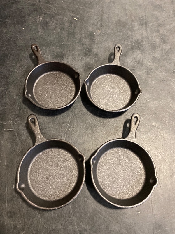 Photo 1 of Hiceeden 4 Pack Mini Cast Iron Skillet, 4" Small Frying Pans with Double Drip-Spouts for Stove, Oven, Grill Safe, Indoor and Outdoor Use, Non-stick