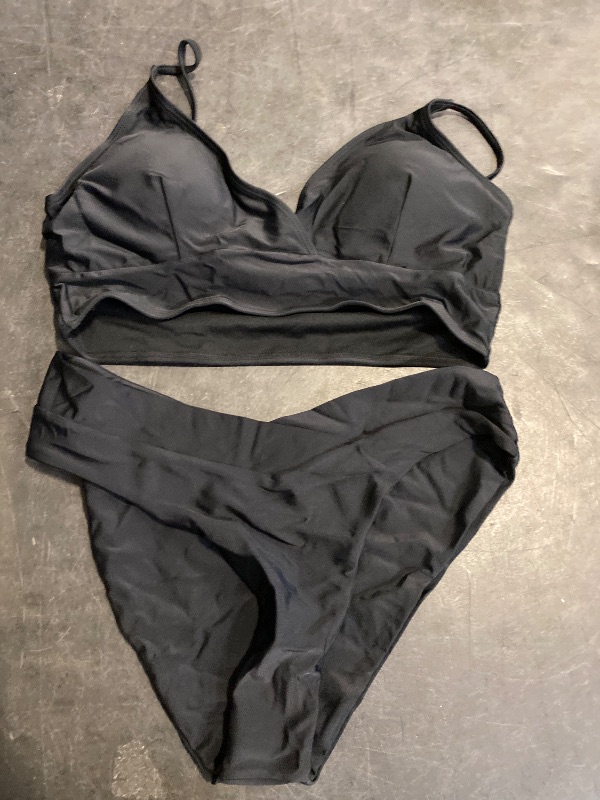 Photo 1 of (L) Memashore High Waisted Bikini Sets for Women Tummy Control Swimsuits High Cut Longline Sexy Black 2 Piece Supportive Bathing Suit V Neck Slimming Swim Wear V Cut Bottom Size L