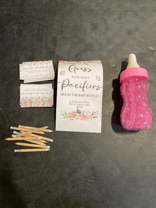 Photo 1 of Roowest 512 Pcs Baby Shower Games Guess How Many Pacifiers Sign 100 Small Guessing Games 10 HB Pencils 750ml Milk Bottle 400 Acrylic Pacifiers Decoration for Guest Gender Reveal(Pink,Flower)
