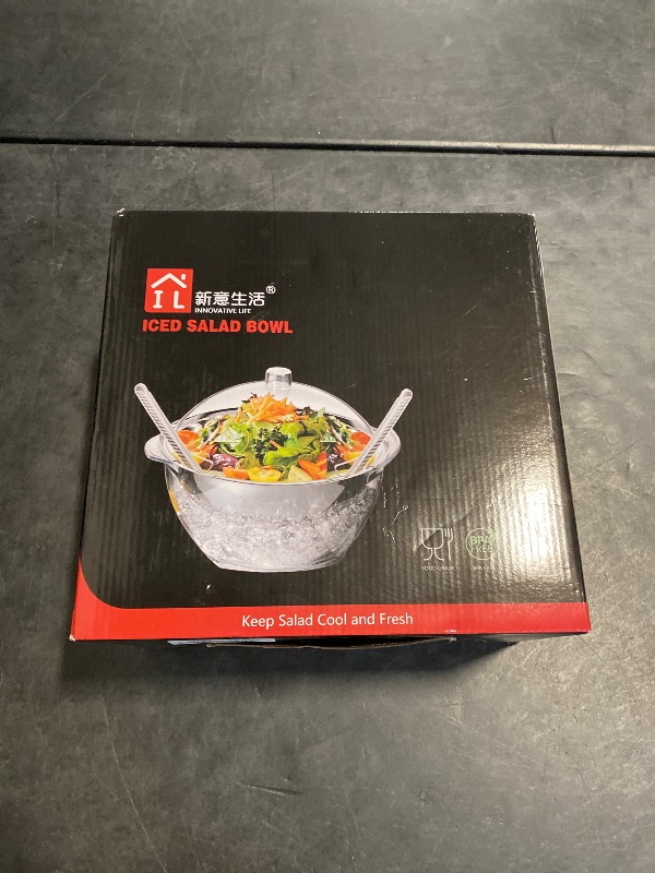 Photo 1 of INNOVATIVE LIFE Large Salad Bowl with Ice Chiller Base and Lid, Kitchen Refrigerated Veggie Tray with Two Long Spoons, Party Platters for Food, Clear