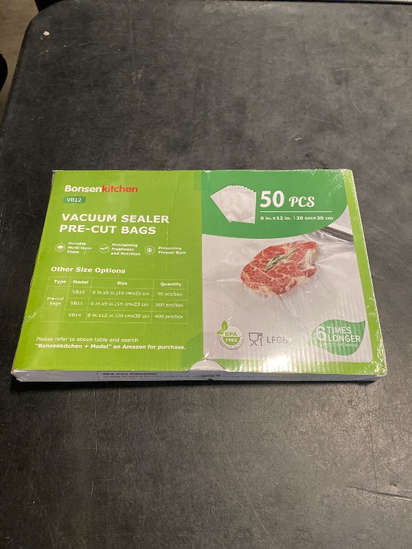 Photo 1 of Bonsenkitchen Vacuum Sealer Bags, 50 Quart 8" x 12" Precut Food Sealer Bags, Commercial Grade, BPA Free, Heavy Duty, Customized Size Vacuum Bags for Vac Storage, Meal Prep or Sous Vide Cooking, VB12