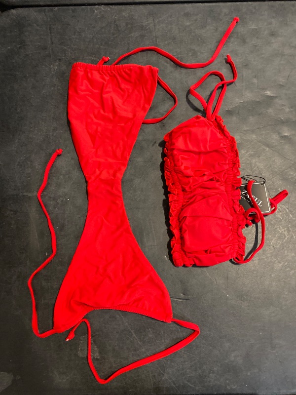 Photo 1 of M ZAFUL Women 2 Piece Strapless Bikini Swimsuits Ruffle Ribbed Bandeau Bikini Set High Cut Bathing Suits (2-Red, M)