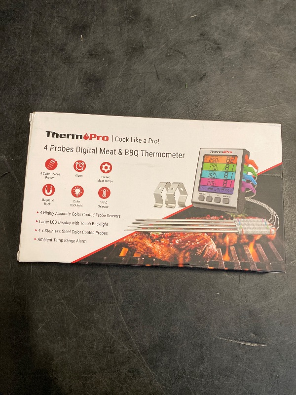 Photo 1 of ThermoPro TP17H Digital Meat Thermometer with 4 Temperature Probes, HI/LOW Alarm Smoker Food Thermometer with Colored Backlit LCD, BBQ Thermometer for Cooking Grilling Kitchen Oven Barbecue Turkey