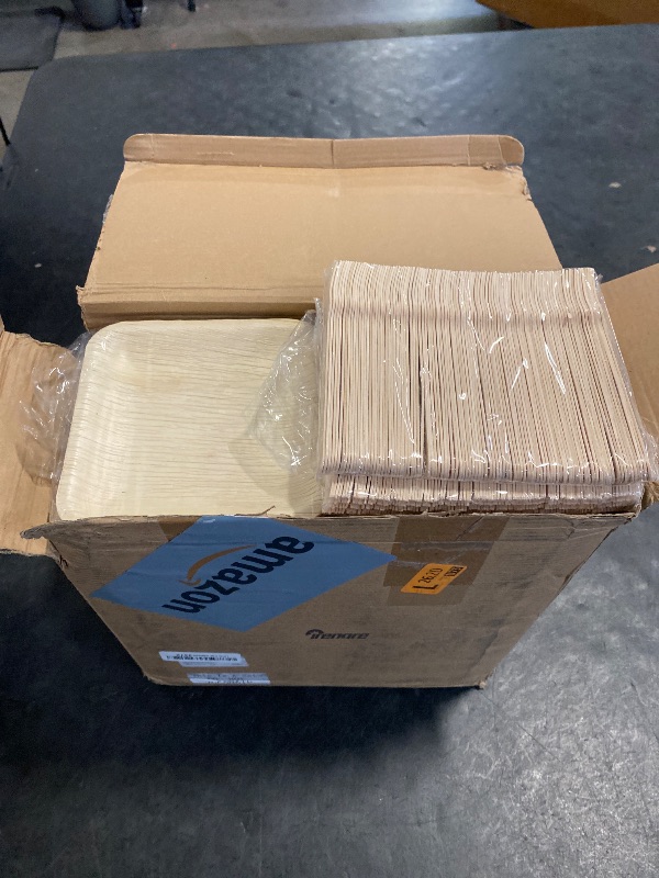 Photo 1 of Irenare 400 Pcs 6 Inch Palm Leaf Plate Set, Compostable Grease Resistant Square Plates, Wooden Forks, Wooden Dinnerware, Disposable Wood Alternative Bamboo Plates