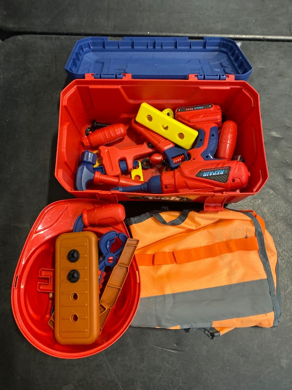 Photo 1 of Kids Tool Set, MAGIC4U 49PCS Toddler Tool Set with Electronic Toy Drill,Tape Measure 12 Tool Equipment,Pretend Play Construction Costume with Safety Vest Hat,Toy Tool Box for Kids Boy Girl Age 3-8
