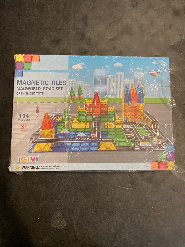Photo 1 of IGIVI 104 PCS Magnetic Tiles Road Set, STEM Construction Toys for Kids Ages 3-5 5-7 4-8, Magnet Building Blocks for Toddler Toys Games, Christmas Birthday Gifts for 3+ Year Old Boys Girls
