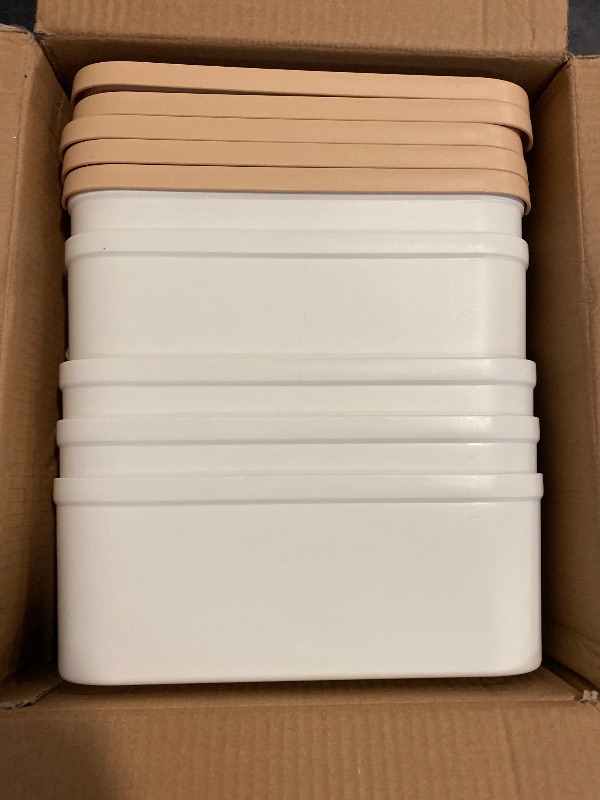 Photo 1 of ANMINY 5PCS Plastic Storage Bins Containers with Lids, Large White Storage Organization Bins Boxes, Lidded Plastic Storage Baskets for Closet Shelves Drawers Desktop - 2 Medium 3 Small, Wheat Lids